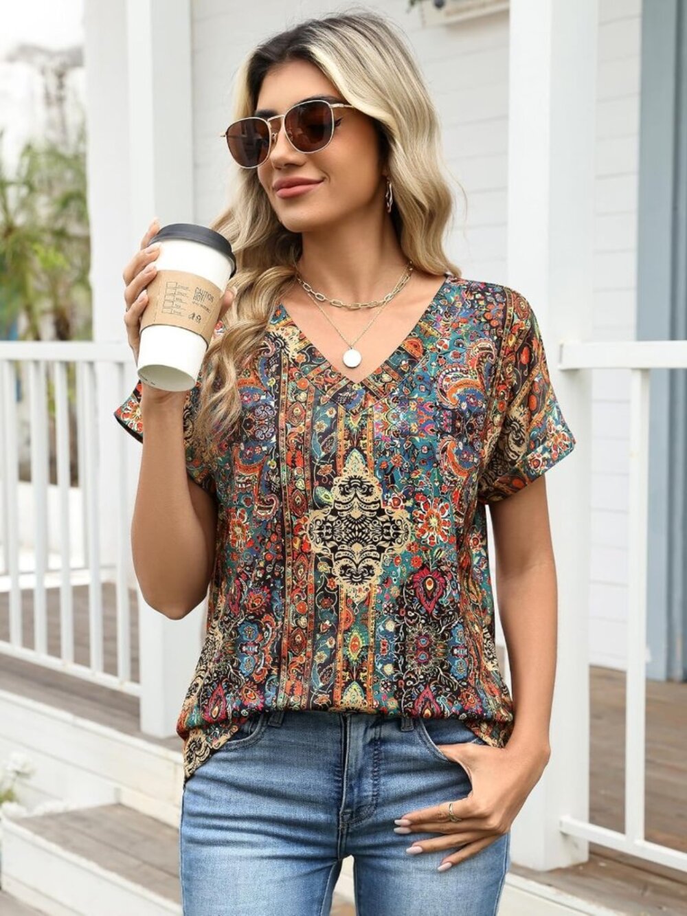 Stylish Women's Summer Tops - Rolled Short Sleeve Dressy Casual Blouses - Picture 4 of 6